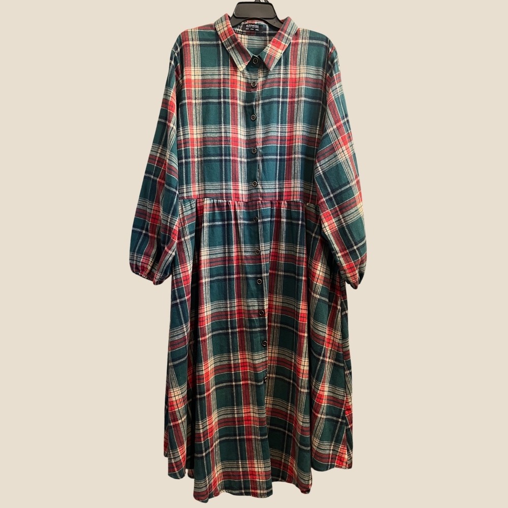 Bloomchic Plaid Shirt Dress Womens 26 Green Red Flannel Empire Waist Midi